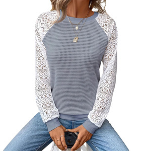 <span class=keywords><strong>Camiseta</strong></span> de Moda Otoño-Invierno para Mujer, Color Sólido, con Encaje, Cómoda, Versátil, Cuello Redondo, Diseño Calado - Product Image 1
