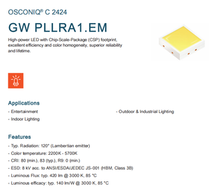 Meilleur Prix OSRAM OSCONIQ C 2424 GW PLLRA1.EM-M7M9-XX58-1 CRI80 260LM 2200K-5700K 2W Led Smd Chip Blanc Chaud Dimmable - Product Image 2