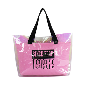 Sac fourre-tout de plage personnalisé en toile à longue poignée avec fermeture éclair bidirectionnelle, motif lettres holographiques irisées en PVC de luxe - Product Image 1