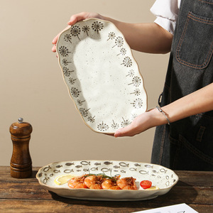 <span class=keywords><strong>Assiette</strong></span> ovale en céramique à motif de <span class=keywords><strong>pissenlit</strong></span> et de poissons dessinés à la main, style rétro, pour le service quotidien à la maison et la mise en scène de table décontractée champêtre - Product Image 4