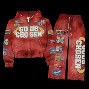 Completo da <span class=keywords><strong>Uomo</strong></span> Personalizzato <span class=keywords><strong>in</strong></span> <span class=keywords><strong>Cotone</strong></span> 100% con Felpa con Cappuccio e Pantaloni <span class=keywords><strong>Tuta</strong></span>, Lavaggio Acido, Zip, Oversize, Pesante, con Ricamo di Strass e Patch - Product Image 1