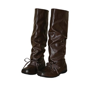 <span class=keywords><strong>Bottes</strong></span> <span class=keywords><strong>de</strong></span> cow-boy rétro à bout carré 2025, design froissé, lacets, talon épais, <span class=keywords><strong>bottes</strong></span> confortables mi-hautes pour femmes - Product Image 1