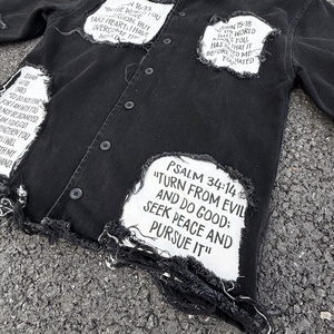 Custom Streetwear Distressed Embroidery Print Design Jean Jacket Heavy High Quality Men Acid Wash Denim Button up <b>Shirts</b> - Product Image 3