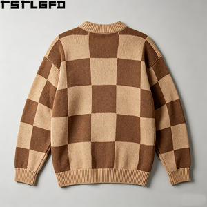 Pull tricoté à carreaux OEM/ODM brodé Couronne, style Old Money, col rond épais, vintage, vente en gros - Product Image 3