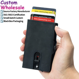 Portefeuille court en cuir véritable anti-vol avec blocage RFID, porte-cartes escamotable, vente en gros d'usine - Product Image 1