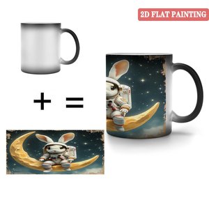 Blank Mug 11oz Frosted Black <b>Ceramic</b> Heat Activated <b>Cup</b> With Astronaut Bunny Design 2D Flat Painting - Product Image 4