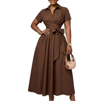 Robe décontractée grande taille pour femmes européennes et américaines, été 2026, sexy, coupe trapèze, en dentelle, à col revers, manches courtes, taille nouée, respirante