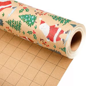 Papel de Regalo Navideño Kraft con Diseño de Árbol de Navidad y Santa Claus, 17 Pulgadas x 32.8 Pies, Papel Reciclable para Manualidades y Regalos, Uso Festivo - Product Image 1