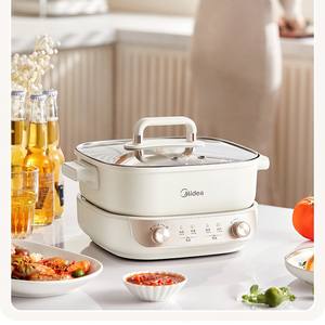 Sartén Eléctrica Midea de 4.1-6L, Cuadrada, con Revestimiento Antiadherente, Control Mecánico, Blanca, con Doble Compartimento - Product Image 6