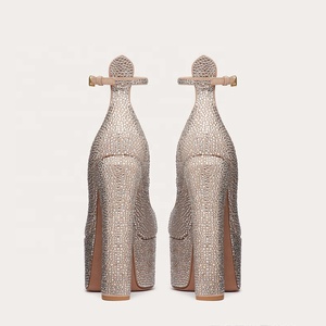 Escarpins sexy pour femme à talon haut épais, bout carré, strass brillants et bride de cheville à boucle - Product Image 6