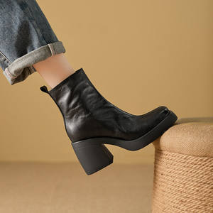 Bottes tendance rétro à bout carré, en cuir véritable, bout fermé, talon épais, fermeture éclair latérale, pour femme - Product Image 4