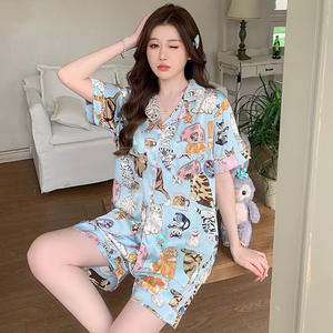 Pijamas de Verano para Mujer, de Seda de Hielo, Finos, con Solapa, Conjunto de Pijama de Manga Corta y Pantalones Cortos, Ropa de Dormir para el Hogar - Product Image 4