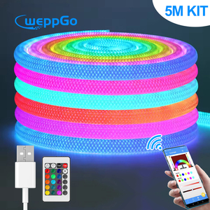 Bộ đèn <span class=keywords><strong>LED</strong></span> Neon dải tròn 360 độ RGBIC 5M, hiệu ứng đuổi bắt màu sắc, chất liệu nylon silicon dẻo, chống nước IP67, 5V, kiểu dây bện - Product Image 1