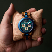 Jam Tangan Quartz Kayu dan Baja Tahan Karat Biru Ramah Lingkungan dengan Fase Bulan untuk Hadiah