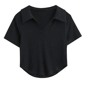 女性用の新しいアメリカンデザインのピュアカラーラージプレーンVネックポロネックTシャツ