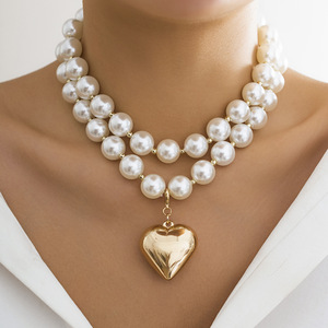 Multilayer Elegant Big <strong>Imitation</strong> Pearl Chain Necklace for Women Vintage Metal Gold Color <strong>Love</strong> Heart Pendant Choker <strong>Jewelry</strong> Wed - Product Image 1