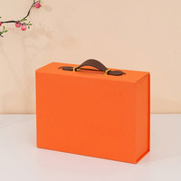 Boîte cadeau en papier pliable de luxe avec logo personnalisé, orange, magnétique, avec poignée en cuir, emballage rigide pliable