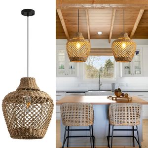 Luminaire suspendu bohème <span class=keywords><strong>chic</strong></span> en rotin tissé à la main en corde de chanvre osier <span class=keywords><strong>lustre</strong></span> de ferme suspendu au plafond pour îlot de cuisine - Product Image 2
