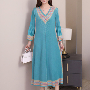 Vestido plisado para mujer Miyake con estampado étnico-Vestido MIDI con cinturón y manga acampanada con cuello en V para <span class=keywords><strong>elegante</strong></span> - Product Image 2