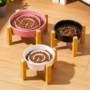 Bol en céramique durable pour chat et chien avec cadre en bois, anti-étouffement, anti-choc, pour aliments lents, bol à eau stocké pour petits animaux de compagnie - Product Image 2