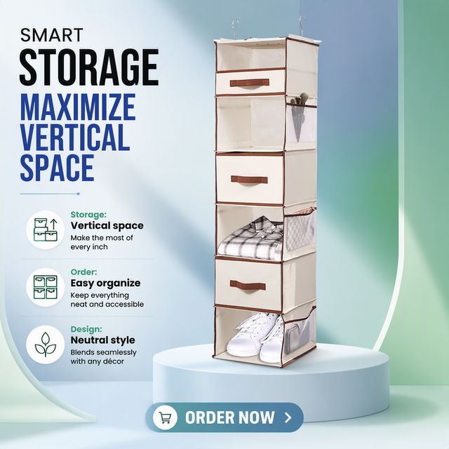 6 Shelves Non-Woven Fabric Hanging Closet Storage Organizer Drawers Box Side Pockets Foldable Space Saving Customizable Color