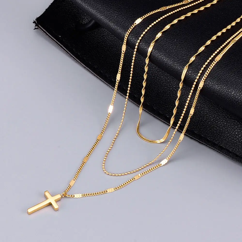 Gold Plated Pendant Cross Necklace Three Layered Stainless Steel Classic for Women Gifts Necklaces Trendy Accept Custom 7g 450mm