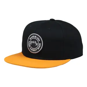 6面板平帽檐黑色帽子，带橙色帽檐棒球平原名牌设计快照帽和帽子制造商