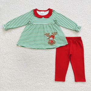 Kids <b>Girls</b> Christmas Embroidery Deer Green Stripes Top and Red Color Pants <b>Sets</b> - Product Image 5
