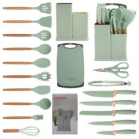 Ensemble de 19 ustensiles de cuisine en silicone avec spatules et accessoires de cuisson à manche en bois