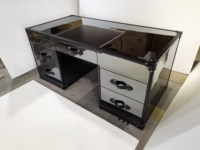 Bureau de direction en aluminium plaqué couleur personnalisée, design modulaire mi-siècle, aspect antique, usage commercial, cuir véritable noir