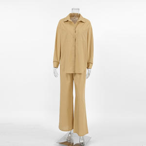 Enyami 100% pamuk yaz sonbahar rahat 2 parça V boyun düğmesi uzun kollu gömlek geniş bacak pantolon eşleşen kıyafetler kadın setleri - Product Image 4