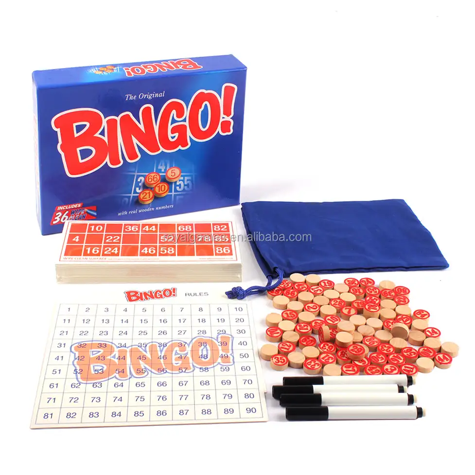 Benutzerdefinierte holz zahlen bord bingo lotto spiel mit 90 holz zahlen 36 wischen sauber bingo karte 4 stifte