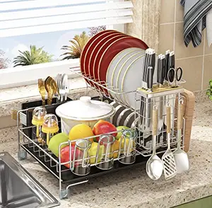2-Tier Stainless Steel Kitchen Counter Knife Holder Dish Rack with Cup Utensil Cutting Drain Board