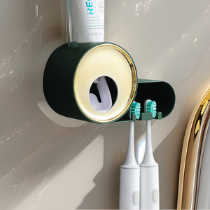 Automatic <b>Toothpaste</b> Dispenser Wall Mounted No Drill Toothbrush Holder Luxury Green Oval Shape Easy To Clean - Product Image 1
