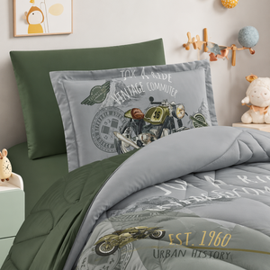 Juego de Ropa de Cama Infantil con Diseño de Motocicleta Vintage, Edredón Retro para Niños, Reversible, Verde Oliva y Gris, Decoración para Habitación Juvenil - Product Image 6
