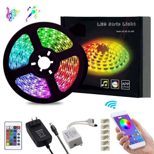Wireless Smart RGB LED Strip Light IP67 Waterproof Music Sync App Remote Control Dimmable DC12V/24V 5m/roll Indoor Outdoor Patio