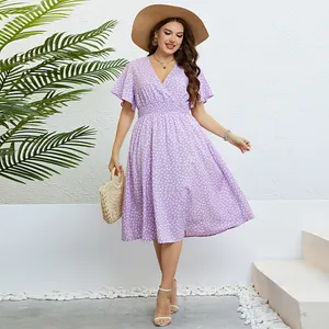 Factory Custom Großhandel Summer Lady Übergroße Kleider Casual Party Lila Blumen druck Midi-Kleid Plus Size Damen bekleidung