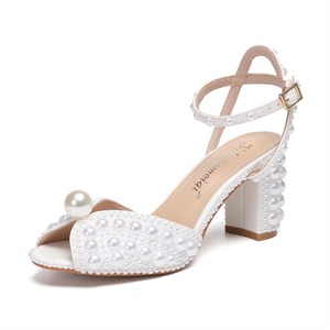 Elegant White Pearl Embellished Open Toe <b>Block</b> Heel Sandals for Women Ankle Strap Ladies Sexy Heeled Sandals - Product Image 1