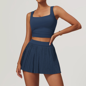 Set rok olahraga lipat pinggang tinggi wanita, rok tenis 2 potong dengan Tank Top leher persegi dan Logo di depan pakaian Yoga Golf - Product Image 3