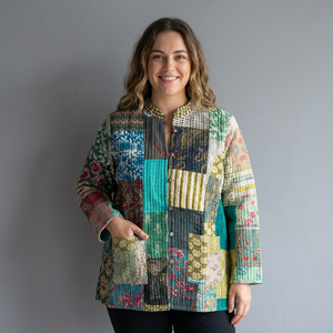 Chaqueta Acolchada de Patchwork Ecológica y Transpirable para Mujer, Cuello Mandarín, Manga Larga, Algodón, Estilo Otoñal, Largo Regular - Product Image 1