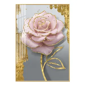 全新3D墙面艺术印花粉色玫瑰钻石水晶瓷器画，带金色铝框