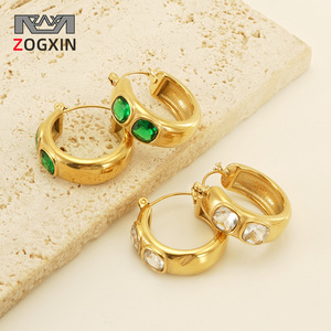 ZOGXIN Huggie Earrings 18K Gold Plated Stainless Steel With Zirconia Inlay Geometric Design Party Jewelry - Product Image 1