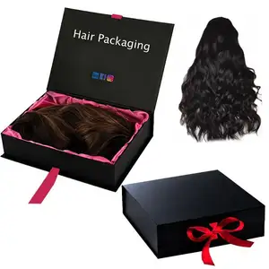 Customizable Logo Packaging Elegant Hair Extension Wig Reusable Cardboard Boxes Folding Pink Gift Box With Ribbon