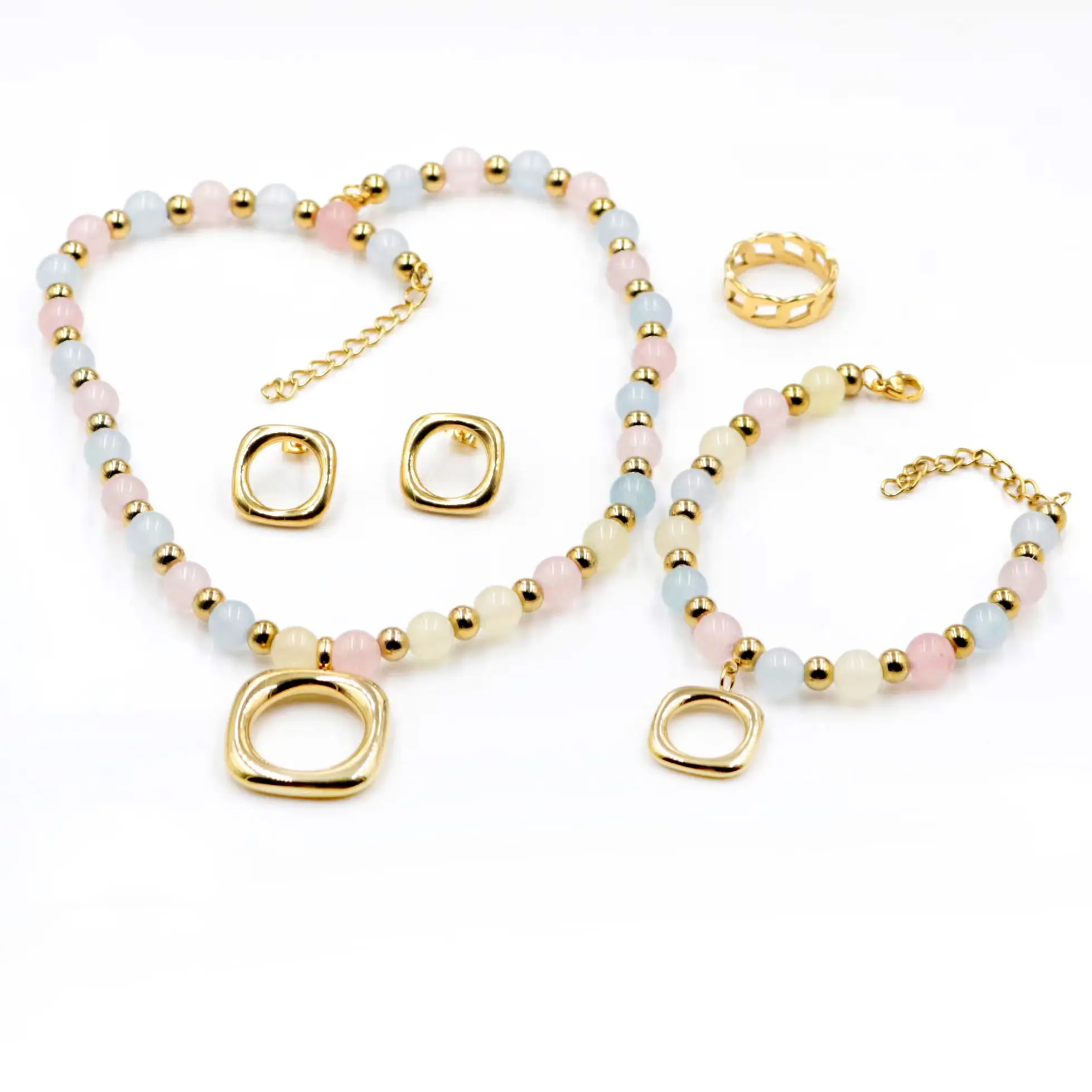 AFXSION Dubai Perhiasan Emas Gelang Manik-manik Kristal Semi Permata, Set Perhiasan Anting-Anting Cincin Gelang Kalung