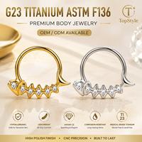 Anneau clicker segmenté en titane G23 avec logo personnalisé, motif dents de requin et zircon, pour piercing de septum et de nez (vente en gros)