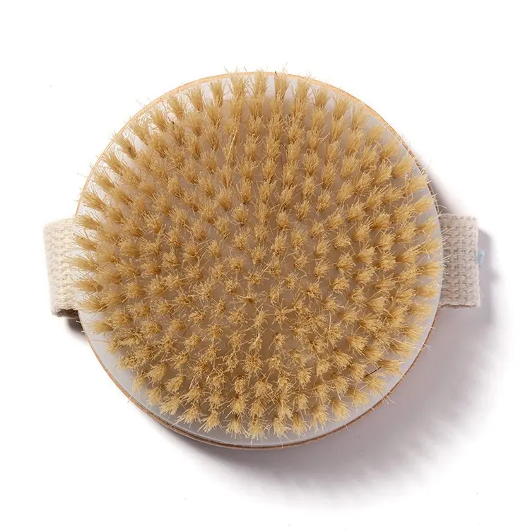 Custom Natural Boar hair Exfoliating Bath Shower Scrubber Custom Logo Round Wooden Body Brush Dry Massage Brush