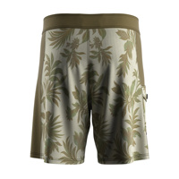 Shorts de plage pour hommes, design élégant, motif feuille tropicale olive, légers, avec cordon de serrage, double poche latérale, fermetures éclair et boutons.