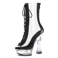Bottines à talons épais de 6 pouces, modèle à bout ouvert, fermeture éclair, pour boîte de nuit, danse sur poteau, couleur contrastée, transparentes, chaussures de 14 cm