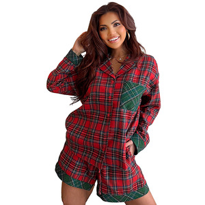 Set piyama kotak-kotak kasual, baju tidur lengan panjang musim gugur 2025 - Product Image 1