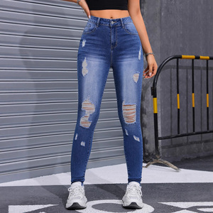 Women's Ripped Skinny <b>Jeans</b> High <b>Elasticity</b> Medium Blue Street Fashion Europe America Cross Border Sale - Product Image 2